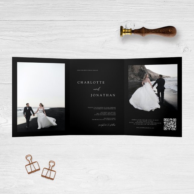 Trendy Modern Photo Black Wedding Tri-Fold Invitation (Creator Uploaded)