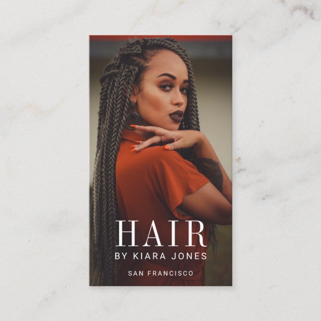 Trendy Modern Photo Hair Stylist Business Card (Front)
