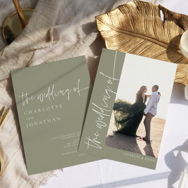 Trendy Modern Photo Sage Green Wedding Invitation (Creator Uploaded)