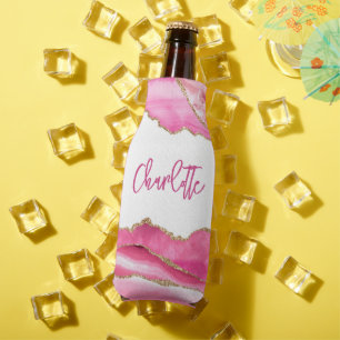 Trendy Modern Pink Agate Gold Glitter Personalised Bottle Cooler