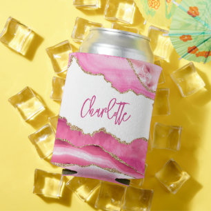 Trendy Modern Pink Agate Gold Glitter Personalised Can Cooler