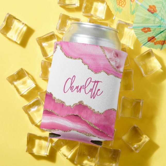 Trendy Modern Pink Agate Gold Glitter Personalised Can Cooler (In Situ Summer)