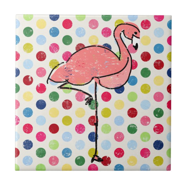 Trendy Modern Pink Flamingo Polka Dots Tile (Front)
