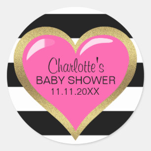 Trendy Modern Pink Heart Black White Baby Shower Classic Round Sticker