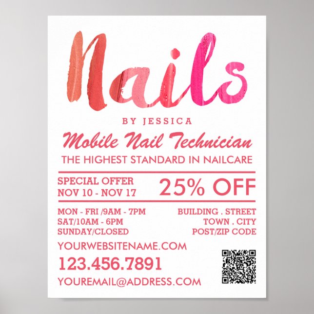 Trendy Modern Pink Nail Technician, Nail Salon Poster (Front)