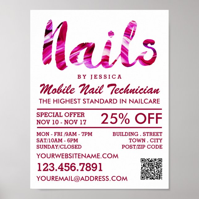 Trendy Modern Pink Nail Technician, Nail Salon Poster (Front)