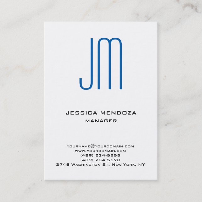 Trendy modern plain simple white blue monogram business card (Front)
