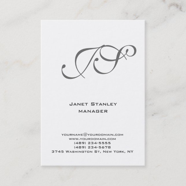Trendy modern plain simple white grey monogram business card (Front)