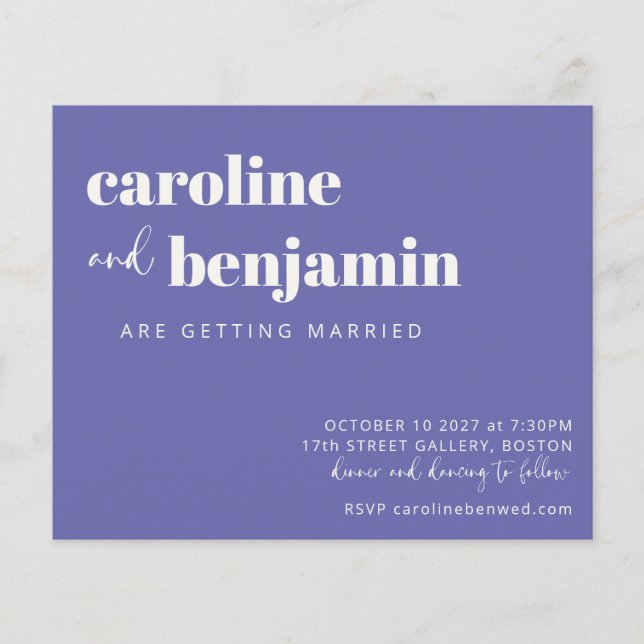 Trendy Modern Purple Budget Wedding Invitation (Front)