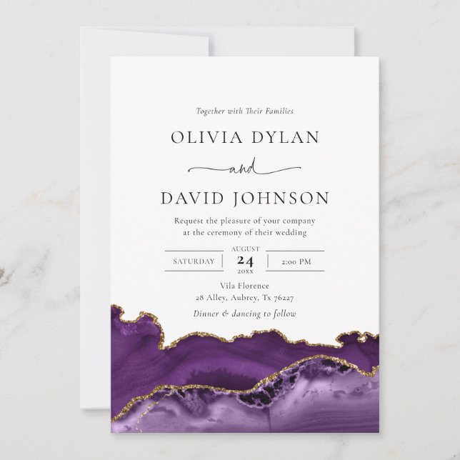 Trendy Modern Purple Gold Agate Wedding Invitation (Front)