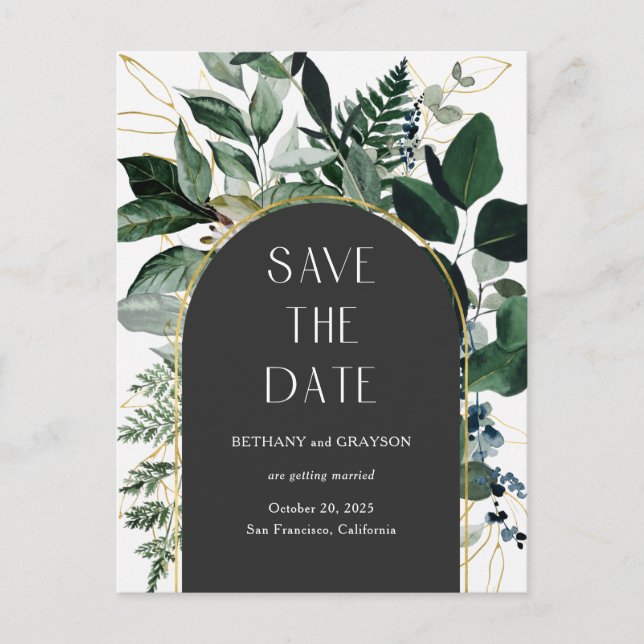 Trendy Modern QR code Greenery foliage save date Announcement Postcard (Front)