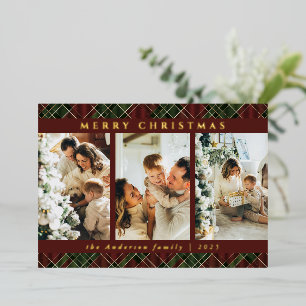 Trendy Modern Red and Green Tartan Christmas Photo Foil Holiday Card