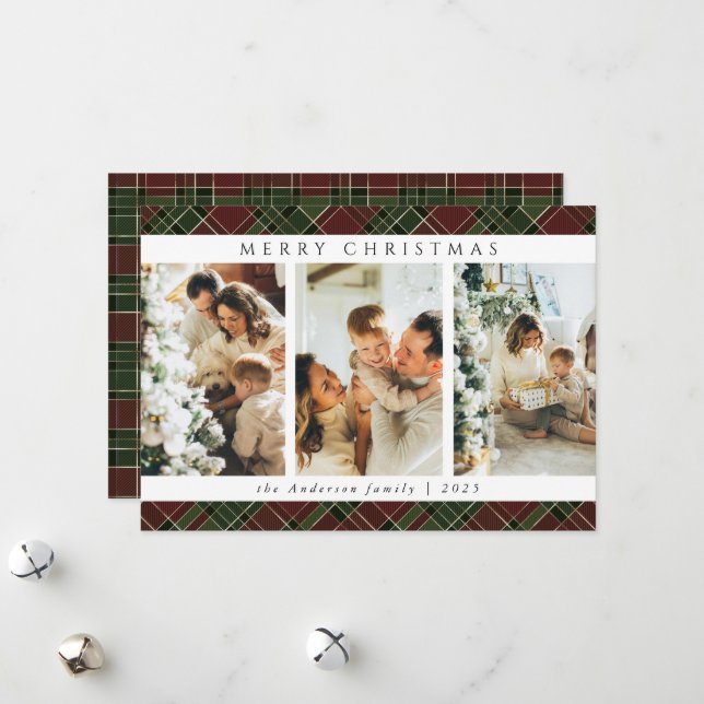 Trendy Modern Red and Green Tartan Christmas Photo Holiday Card (Front/Back In Situ)