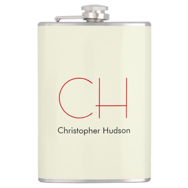Trendy Modern Red Monogram Beige  Hip Flask (Front)