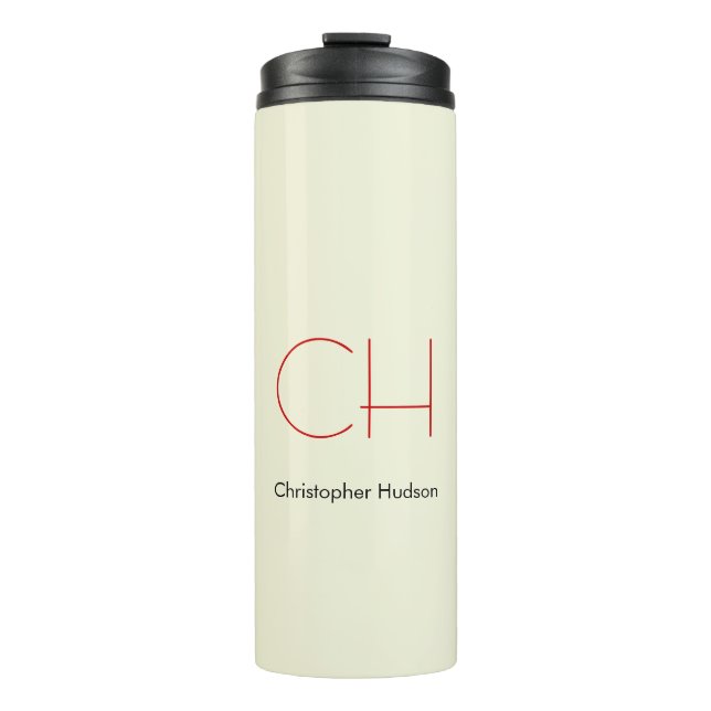 Trendy Modern Red Monogram Beige  Thermal Tumbler (Front)