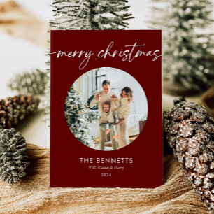 Trendy Modern Red Photo Merry Christmas Holiday Card
