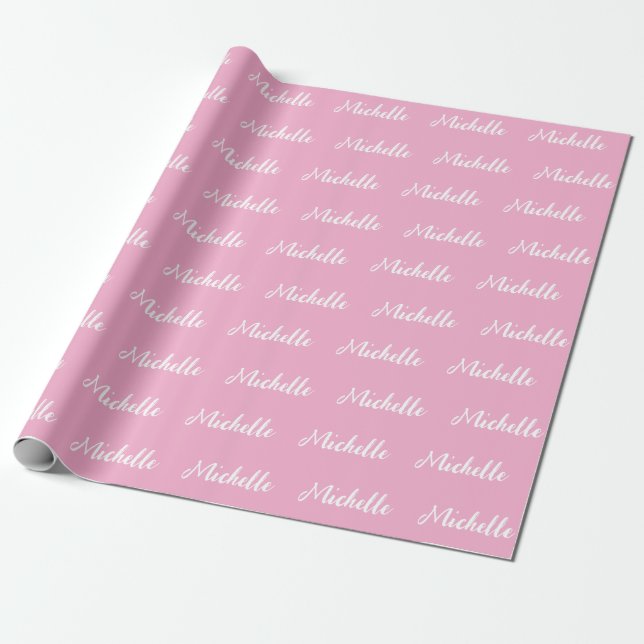  Trendy Modern Script Custom Name Pink and White  Wrapping Paper (Unrolled)