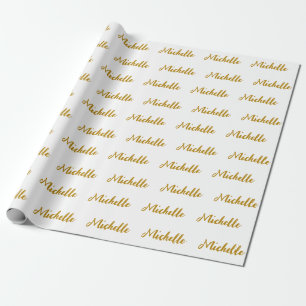 Trendy Modern Script Custom Name white and Gold Wrapping Paper