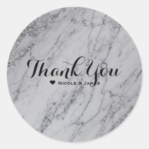 Trendy Modern Silver Glam Marble Elegant Wedding Classic Round Sticker
