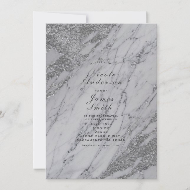 Trendy Modern Silver Glamour Marble Invitation (Front)