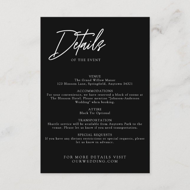 Trendy Modern Simple Black Wedding Details Enclosure Card (Front)