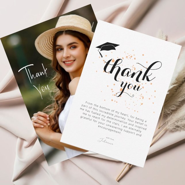 Trendy Modern Simple Photo Graduation Thank You Card (Perfectly blending black and white elegance with a retro boho touch.)