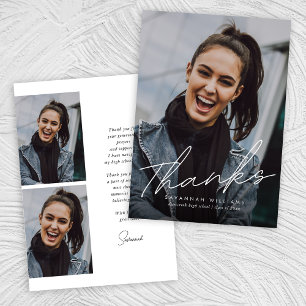 Trendy Modern Simple Script Three Photo Graduation Thank You Card