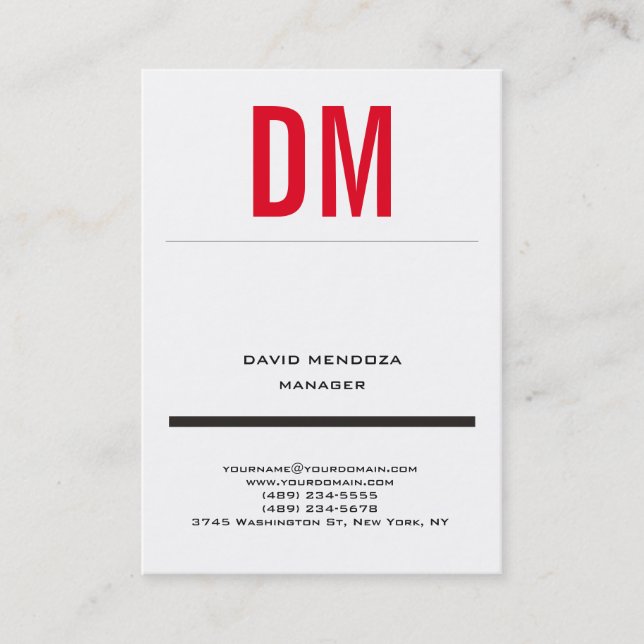 Trendy modern simple white red monogram business card (Front)