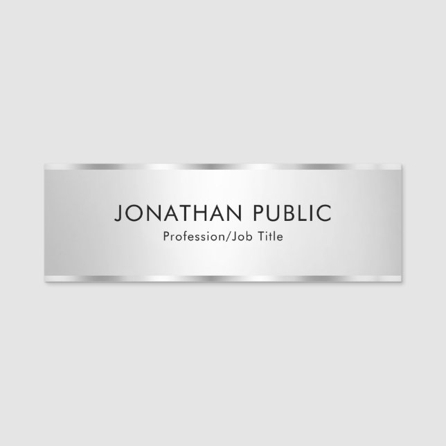 Trendy Modern Template Faux Silver Customisable Name Tag (Front)