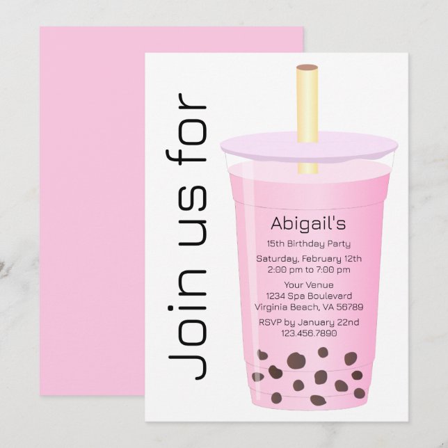 Trendy Modern White and Pink Boba Tea Birthday Invitation (Front/Back)