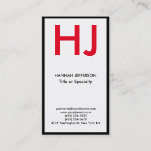 Trendy modern white black border red monogram business card