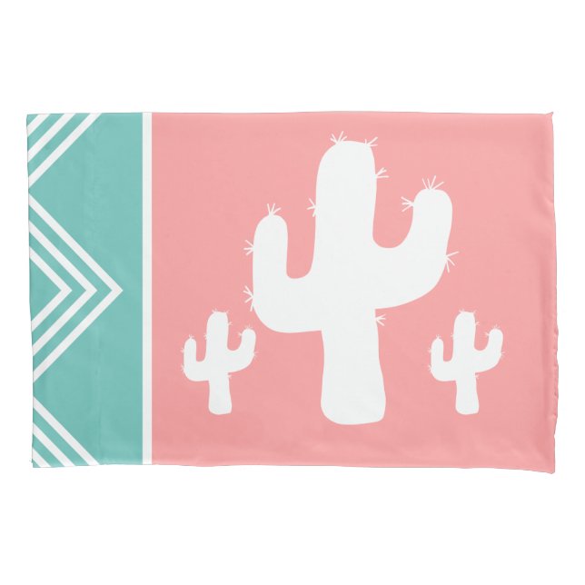 Trendy Modern White Cactus Silhouettes Teal & Pink Pillowcase (Front-Left)