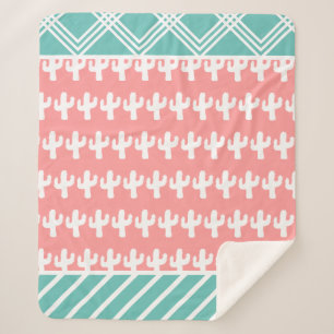 Trendy Modern White Cactus Silhouettes Teal & Pink Sherpa Blanket