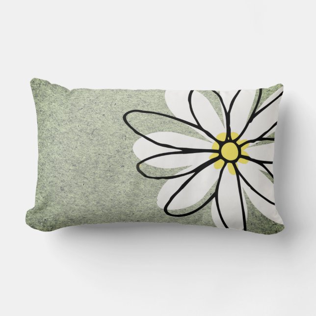 Trendy Modern White Doodle Daisy Grey Lumbar Cushion (Front)