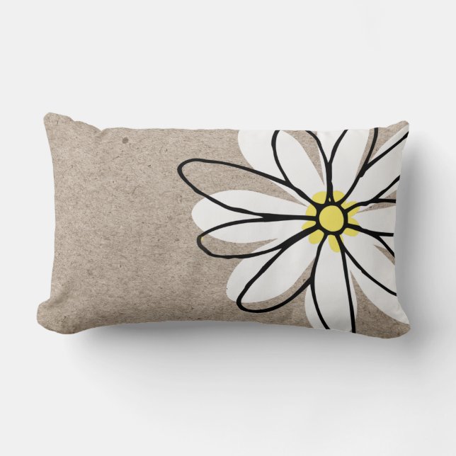 Trendy Modern White Doodle Daisy Tan Taupe Lumbar Cushion (Front)