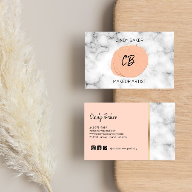 Trendy Modern White Marble Pink Makeup Artist Business Card (Creator Uploaded)