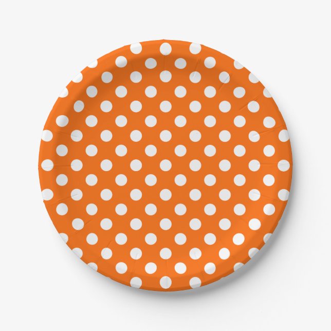 Trendy Modern White Polka Dots on Orange Paper Plate (Front)