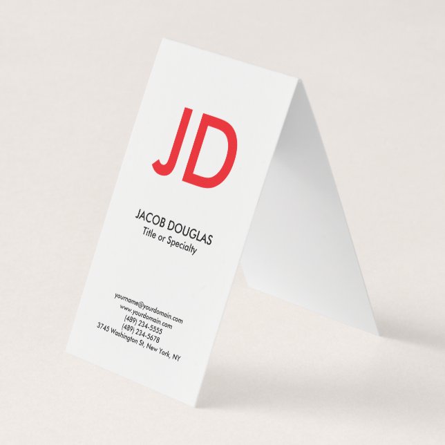 Trendy modern white red bold monogram business card (Front)