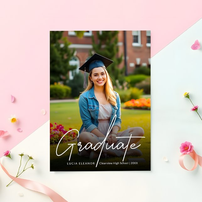 Trendy Modern White Script Photo Graduation Announcement (Creator Uploaded)