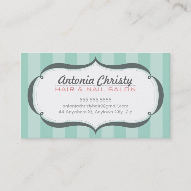 TRENDY modern wide stripe mint green grey Business Card (Front)