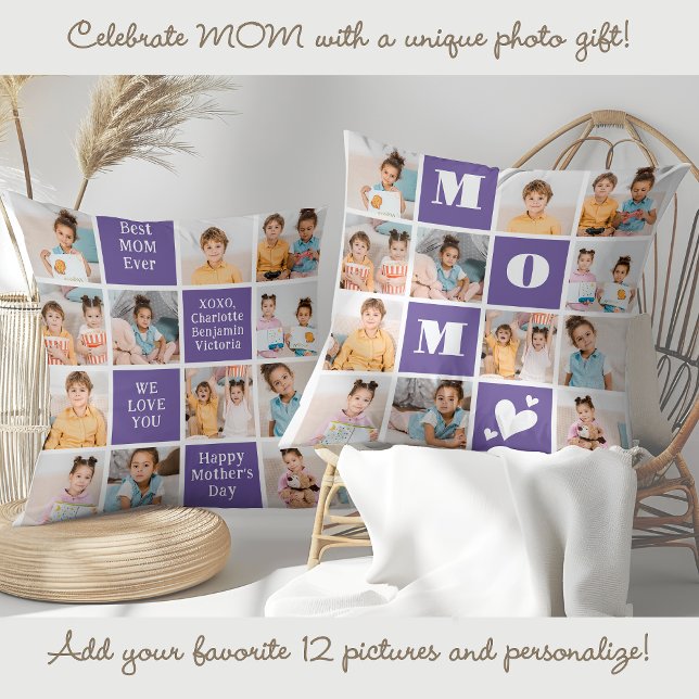Trendy MOM Personalised 12 Photo Collage Purple Cushion (Creator Uploaded)