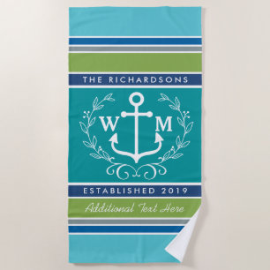 Trendy Monogram Anchor Laurel Wreath Stripes Aqua Beach Towel