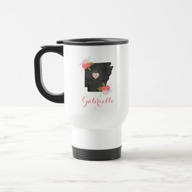 Trendy Monogram Arkansas State Moveable Heart City Travel Mug (Left)