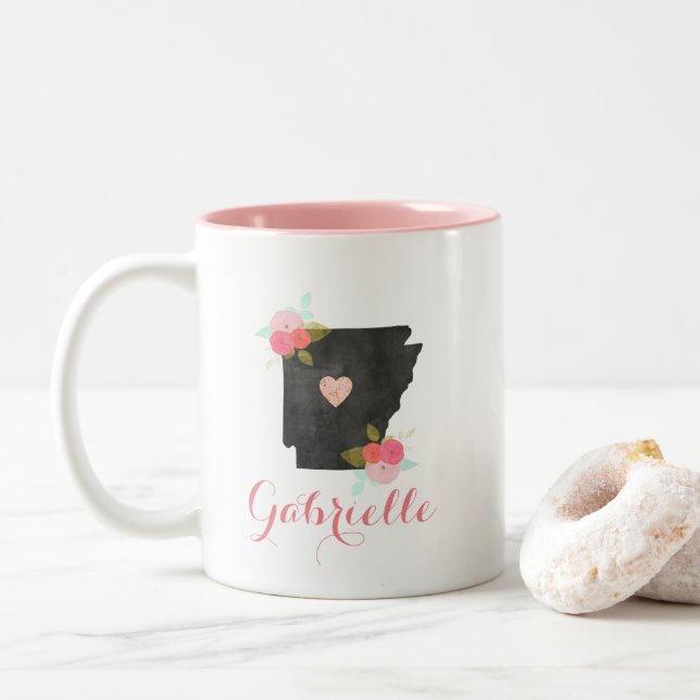 Trendy Monogram Arkansas State Moveable Heart City Two-Tone Coffee Mug (With Donut)