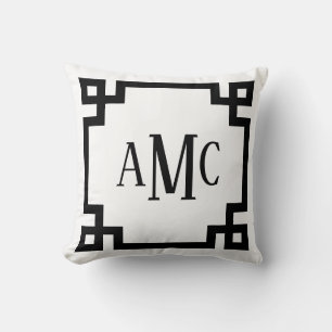 Trendy Monogram Black and White Greek Key Border Cushion