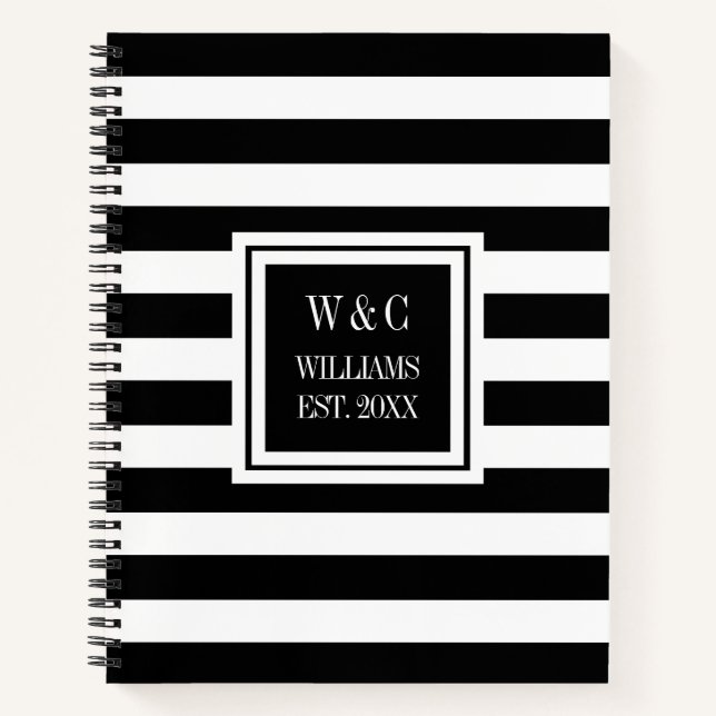 Trendy Monogram Black Stripe Family Name Notebook (Front)