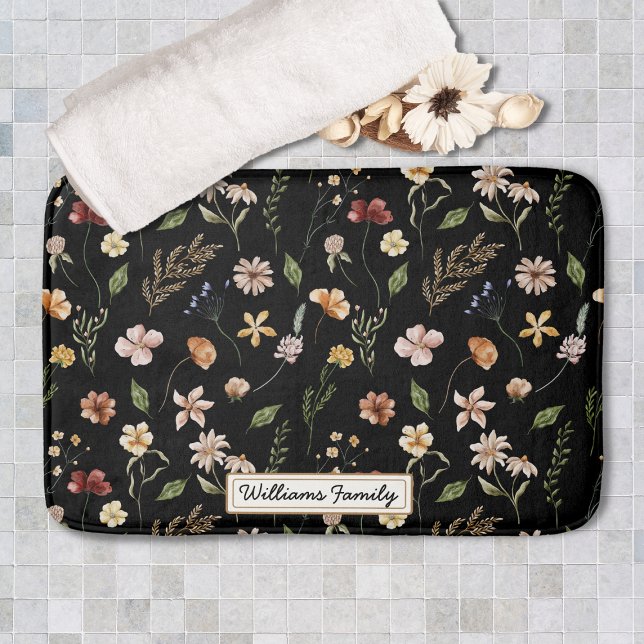 Trendy Monogram Black Watercolor Floral Wildflower Bath Mat (Creator Uploaded)