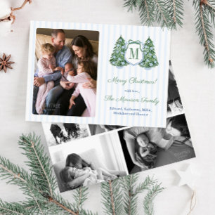 Trendy Monogram Blue Green Bow Stripes Photo Holiday Card