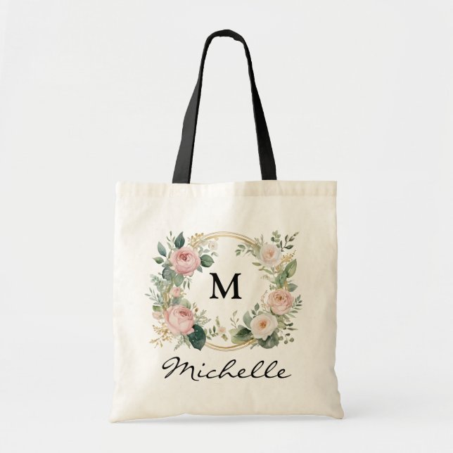 Trendy Monogram Burgundy Floral Wreath Script Name Tote Bag (Front)