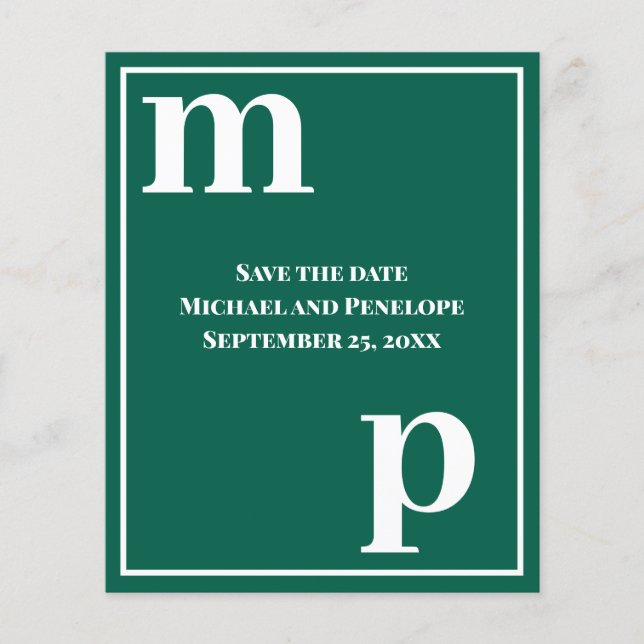 Trendy Monogram Emerald Green Budget Save the Date Flyer (Front)